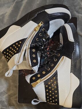 Men's Black and White High-Top Sneakers with Gold Accents